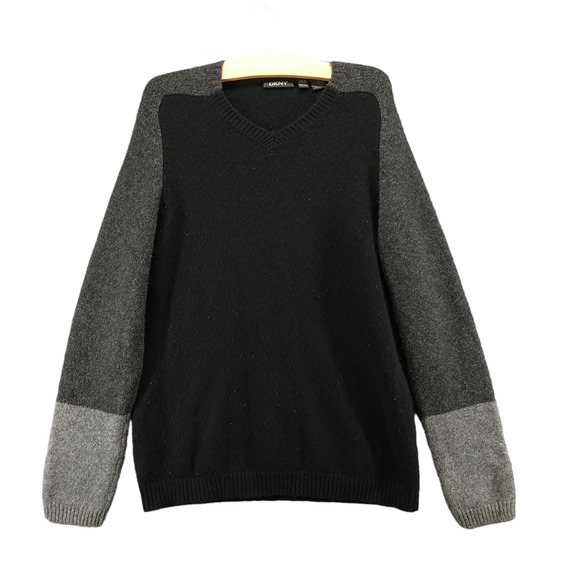 DKNY Women's Pullover Knit Sweater Black Gray Large Colorblock V-Neck Lambswool - Picture 1 of 13